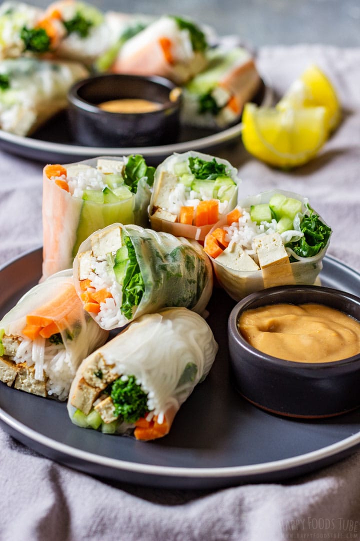 Selection of tofu spring rolls with almond and tahini dipping sauce