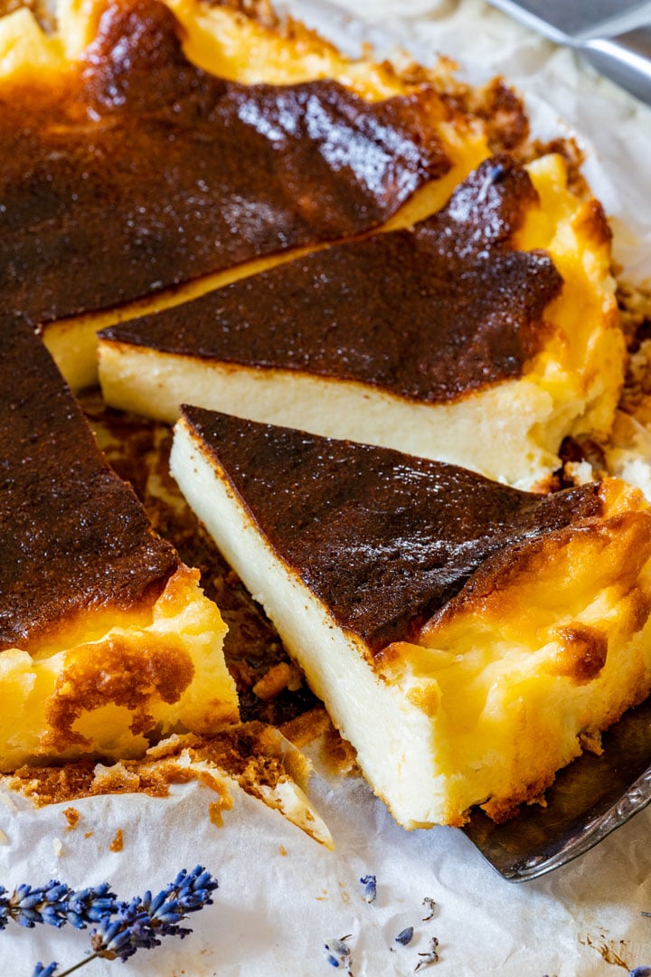 Sliced traditional burnt Basque cheesecake