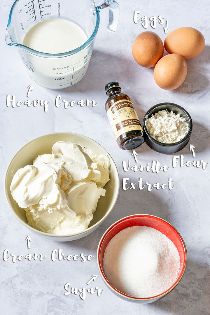 Cheesecake ingredients - cream cheese, sugar, flour, eggs, vanilla extract and cream