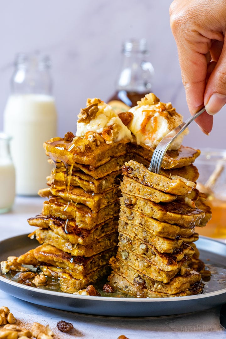 Fork stick to stack of pancakes