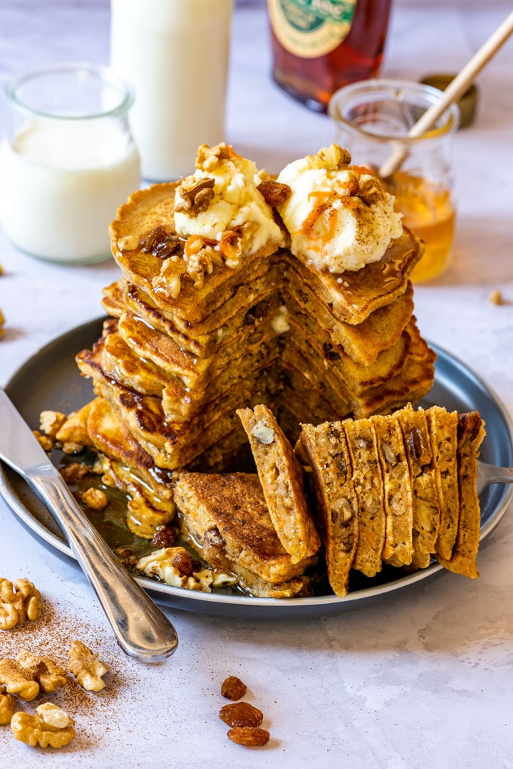 Sliced stack of carrot pancakes close-up