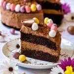 Slice of Easter chocolate cake on the plate