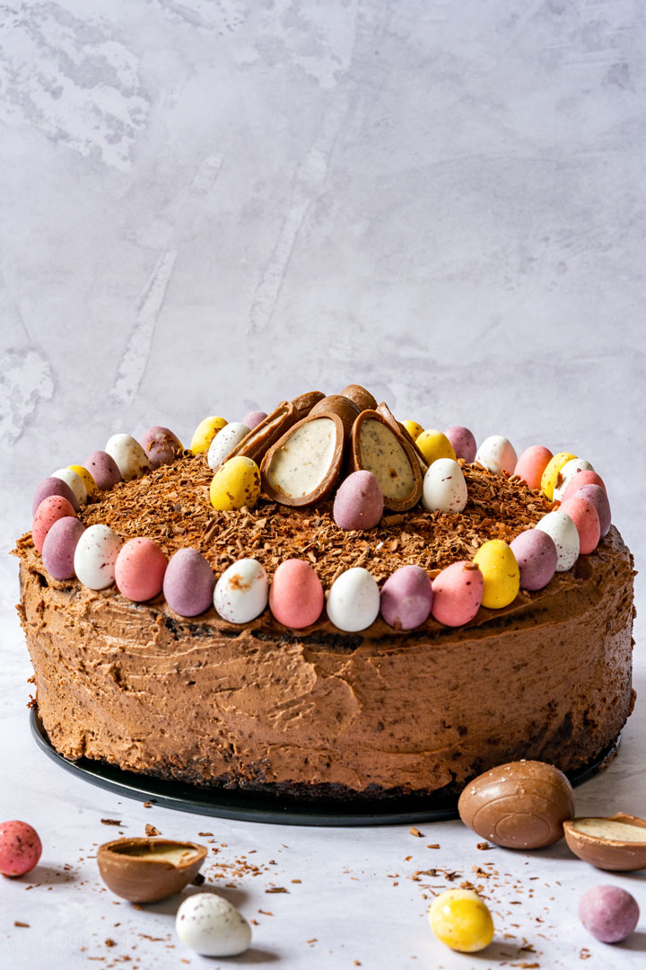 Chocolate frosting cake with Easter decorations