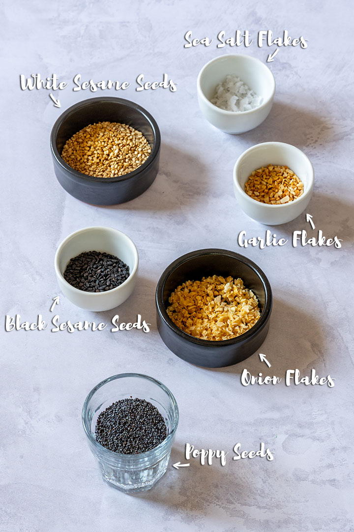Poppy seeds, white sesame seeds, black sesame seeds, dried onion flakes, dried garlic flakes and sea salt flakes