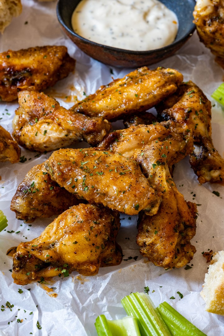 Oven baked garlic parmesan chicken wings with sauce