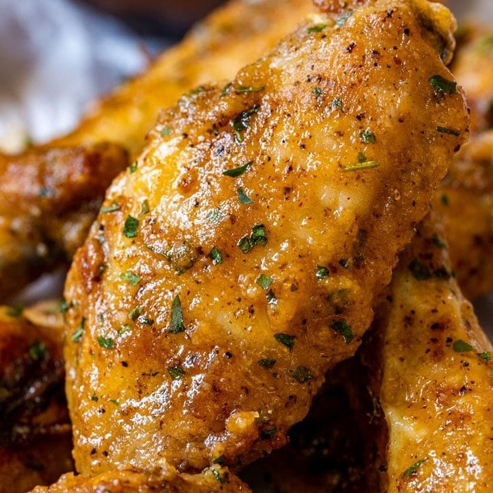 Close-up of chicken wings with garlic and parmesan