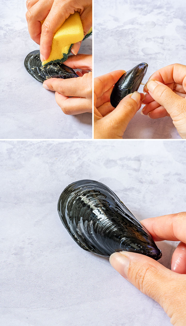 Showing how to clean mussels