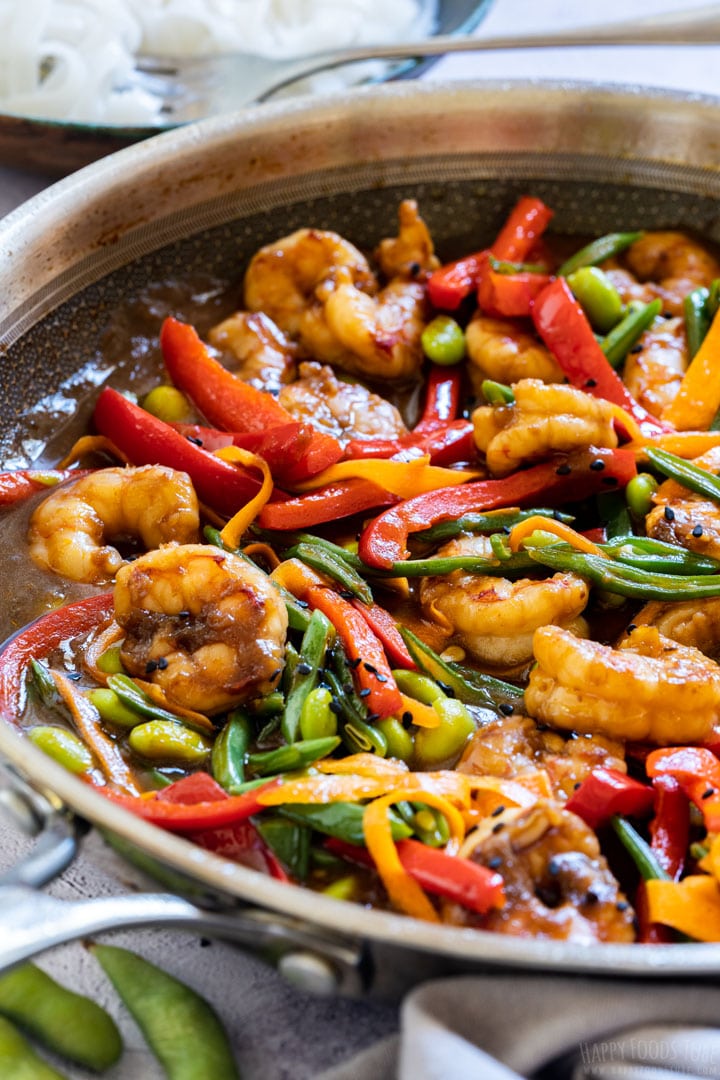 Shrimp stir fry on the pan with rich sauce