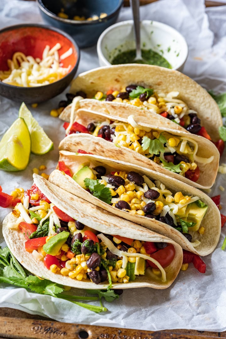 Selection of black bean tacos with cilantro lime sauce