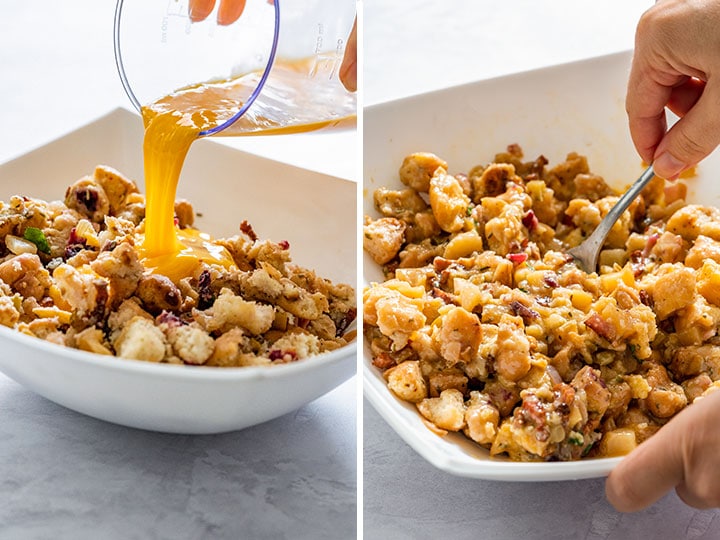 A liquid is being poured into a bowl of stuffing waffle mix, then stirred to combine.