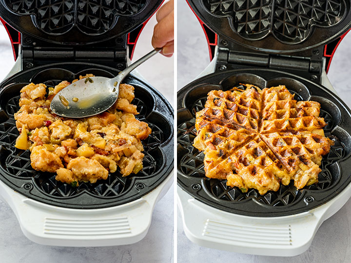Julia is using a waffle maker cooking a mixture, resulting in a cooked stuffing waffle.