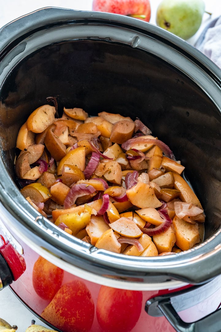 Slow cooked apples and onions in the crock pot