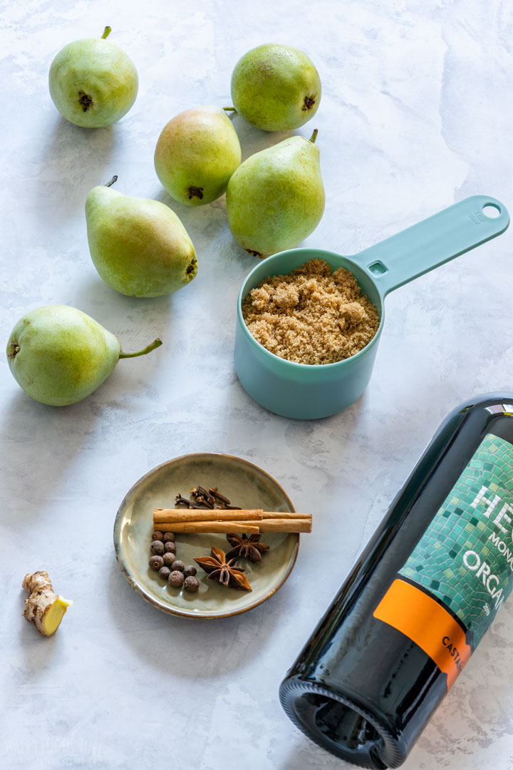 Ingredients for poached pears: pears, brown sugar, spices and red wine