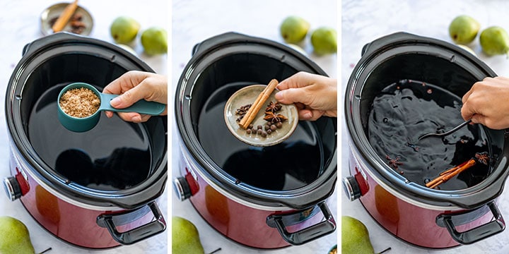 Step by step picture collage how to make poached pears in slow cooker