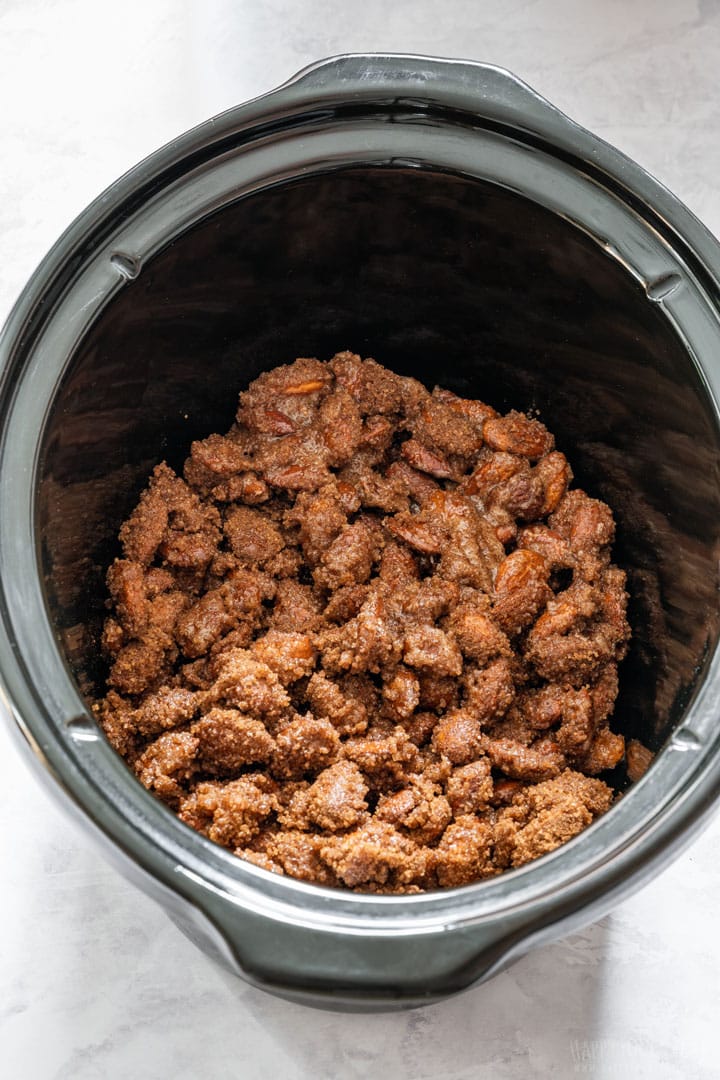 Sugar and cinnamon coated almonds in a slow cooker