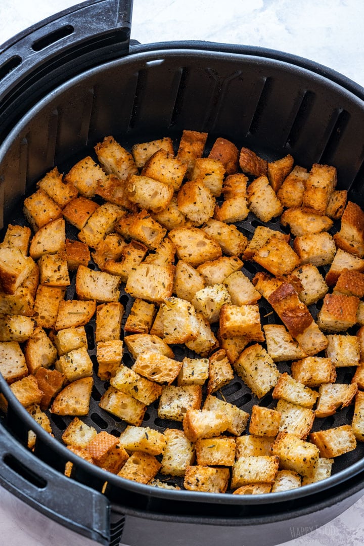 Freshly made croutons in air fryer.