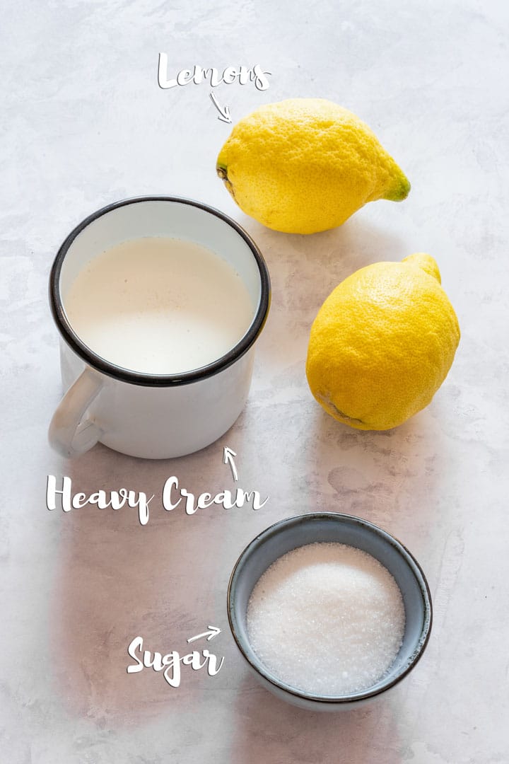 Ingredient for making lemon posset: lemons, heavy cream and sugar.