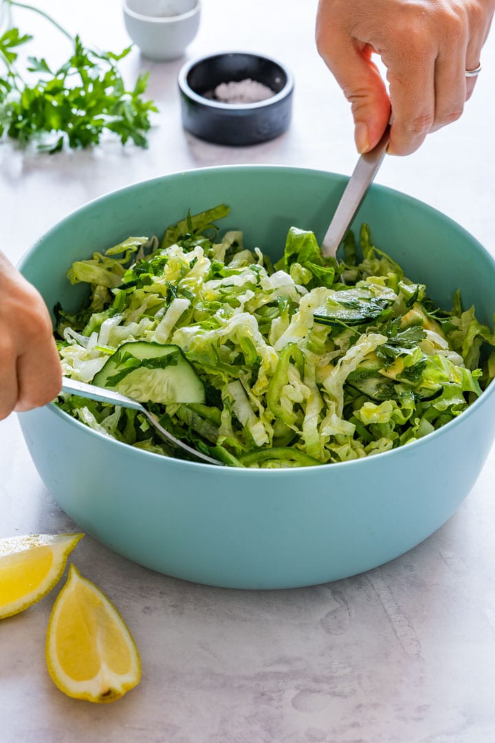 Freshly made Romaine salad in the bowl.