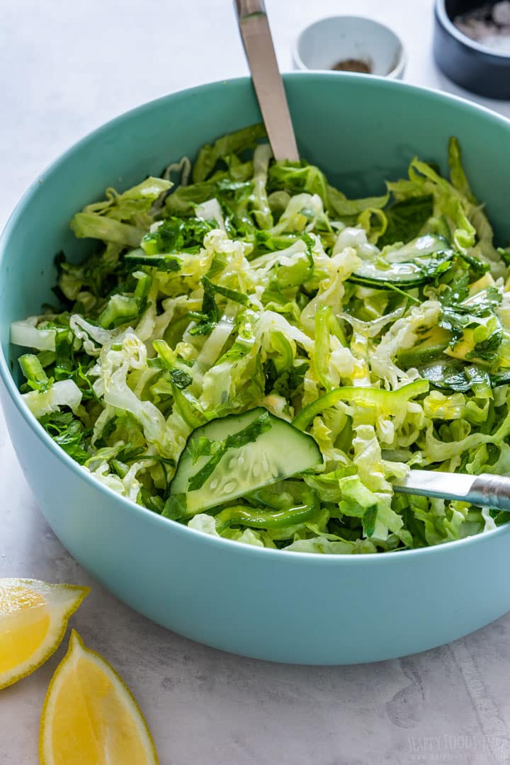 Closeup of green Romaine lettuce salad.