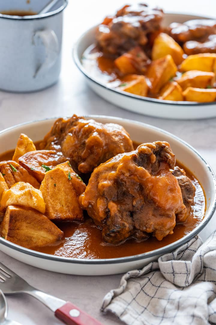 Spanish style instant pot oxtail stew on the plate.