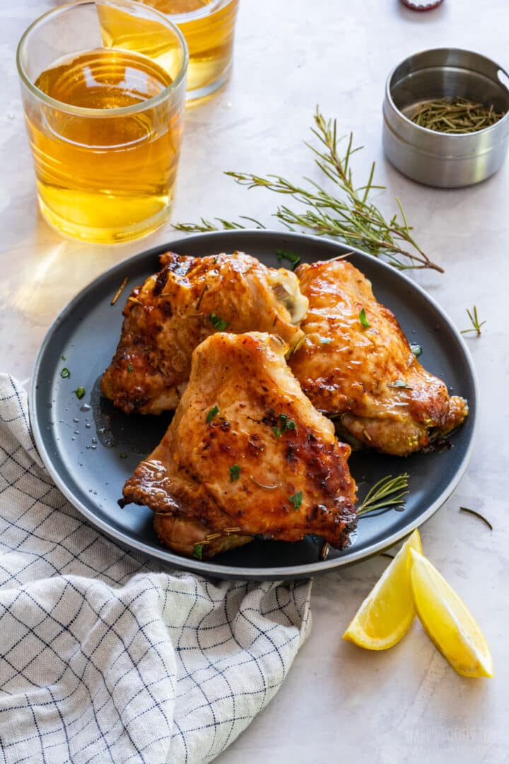 Crispy beer marinated chicken thighs.