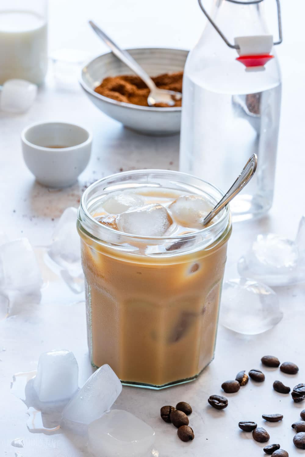 Iced latte with oat milk and instant coffee.