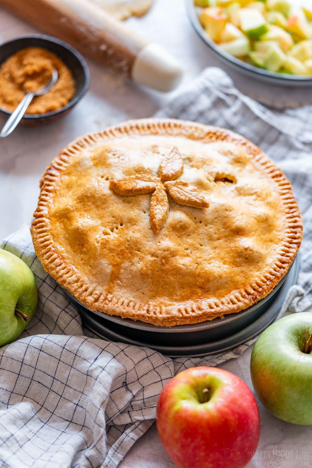 Homemade apple pie with golden crust.