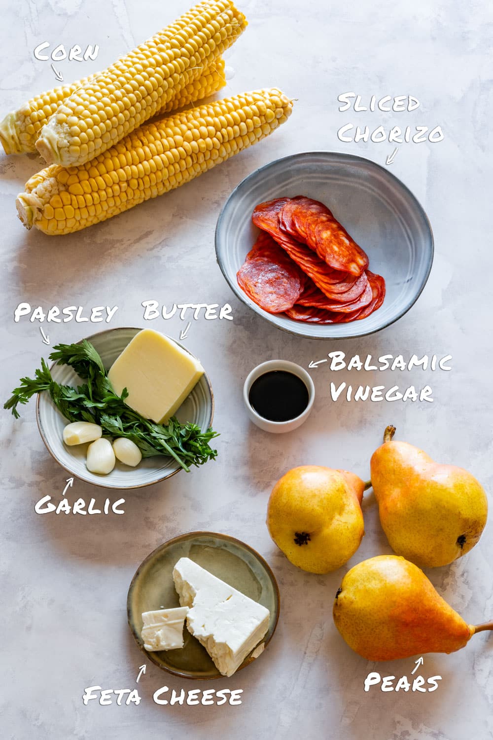 Ingredients of grilled corn salad on the table.