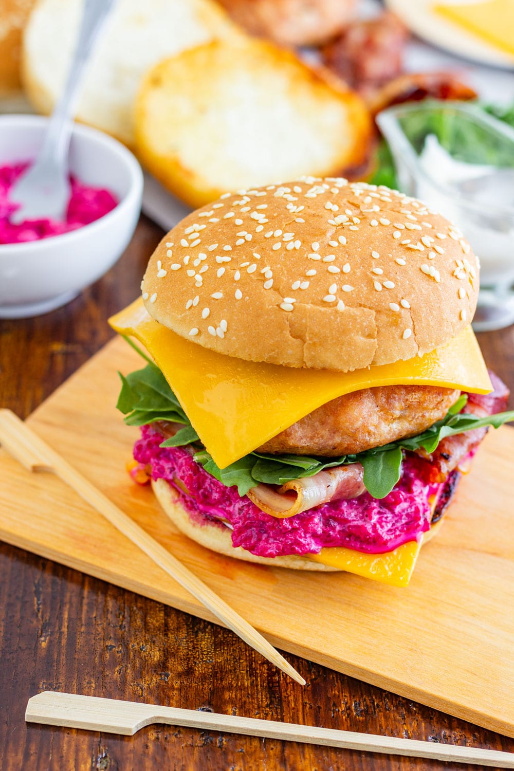 Ground chicken burger with beet mayonnaise.