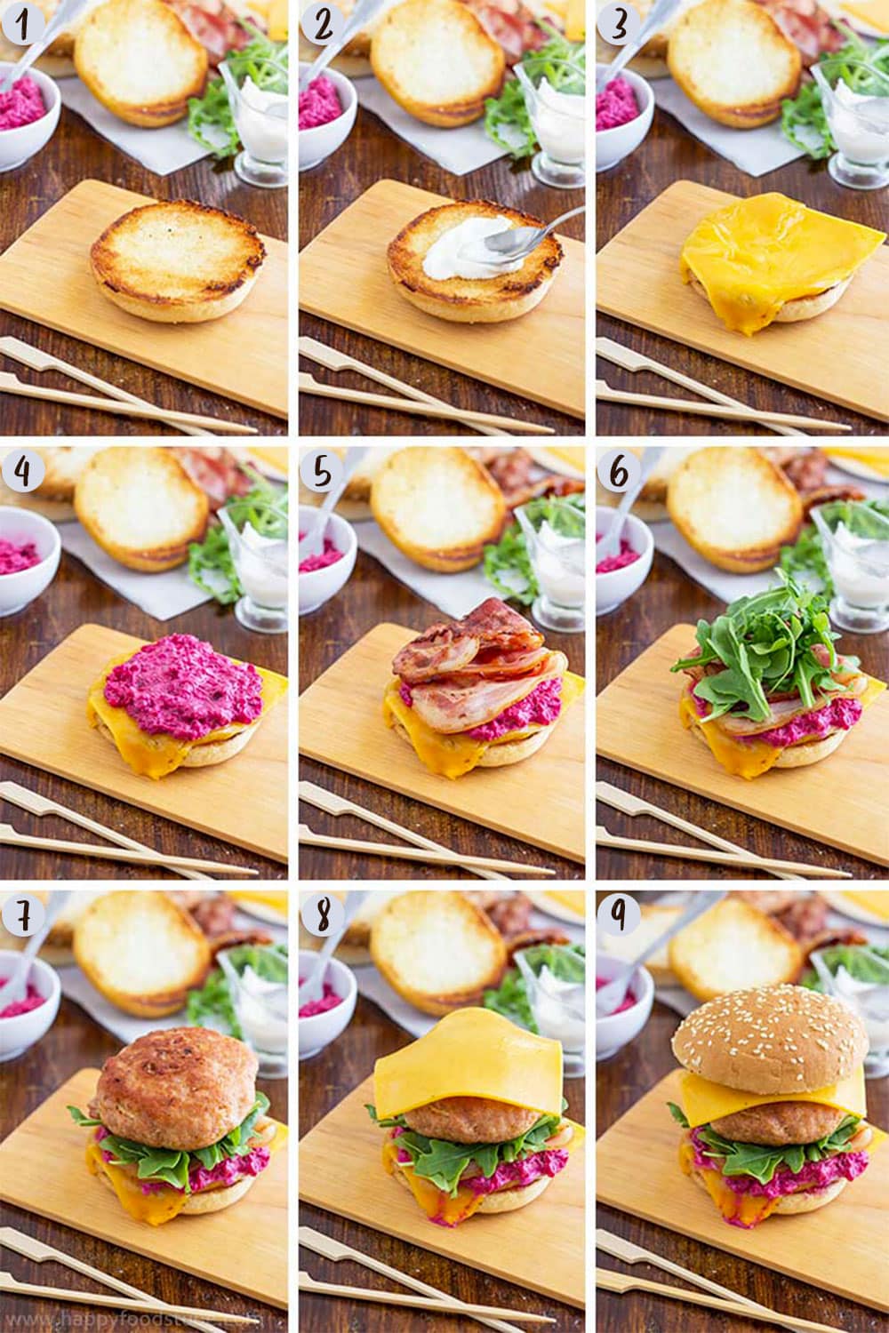Step by step pictures how to assemble ground chicken burgers.