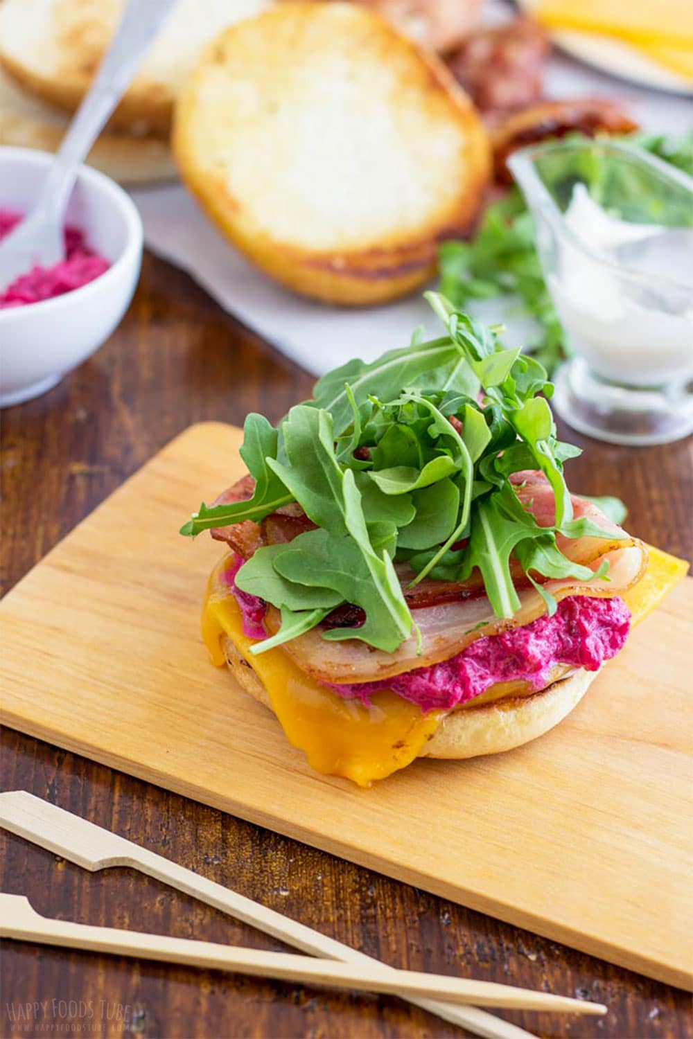 Ground chicken burger with bacon and beet mayonnaise.