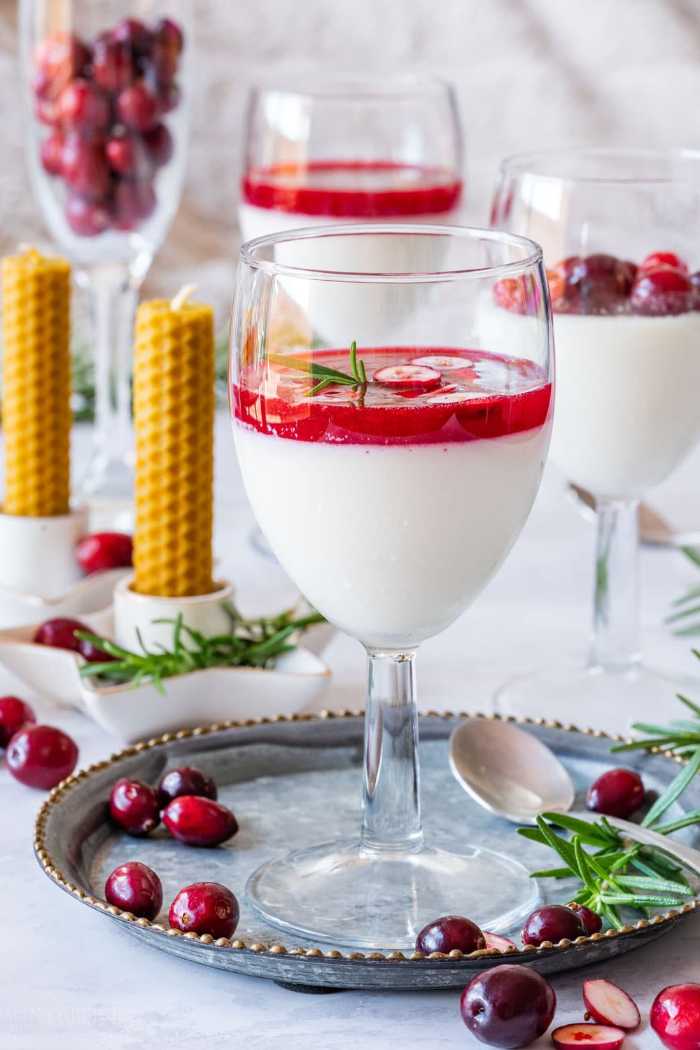 Glass of panna cotta with freshly made cranberry sauce and topped with cranberry slices.