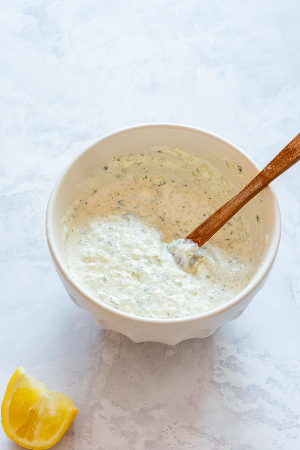 Bowl of homemade tartar sauce ready to be served.