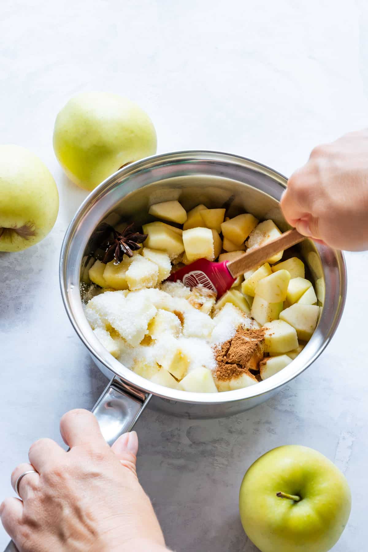 Making apple pie filling for apple strudel.