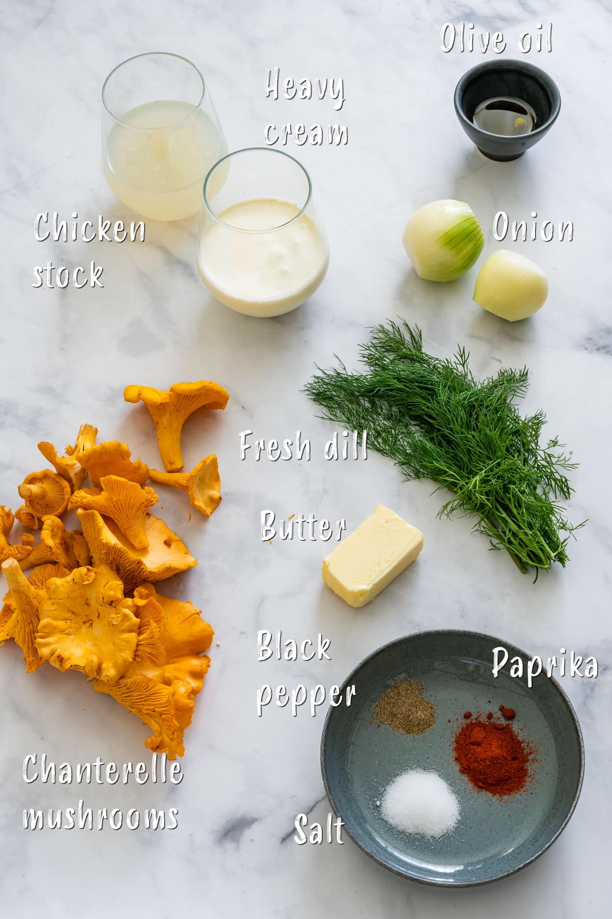Ingredients for Chanterelle sauce: chanterelles, cream, dill, onion, butter, salt, pepper and paprika.