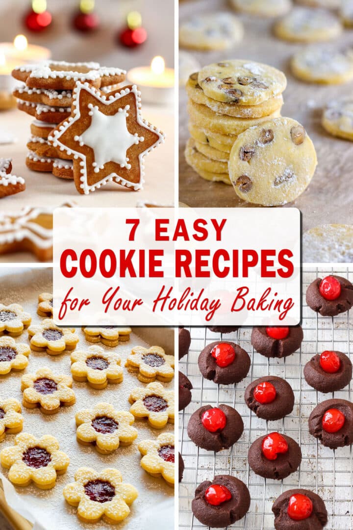Collage of Christmas cookies with the text 7 easy cookie recipes for your holiday baking, featuring gingerbread stars, nut-free Linzer cookies, chocolate cherry thumbprints and buttery slice cookies.