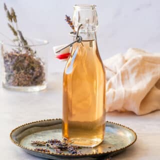 Small bottle of lavender syrup made with dried lavender.