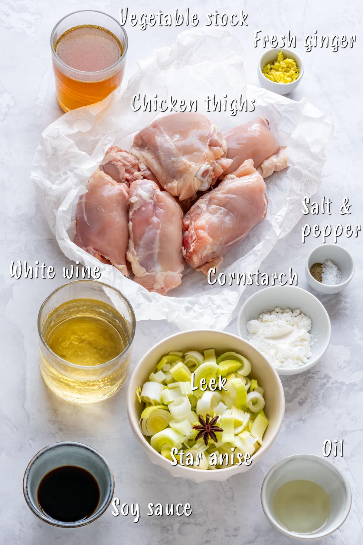 All ingredients to make chicken with star anise.