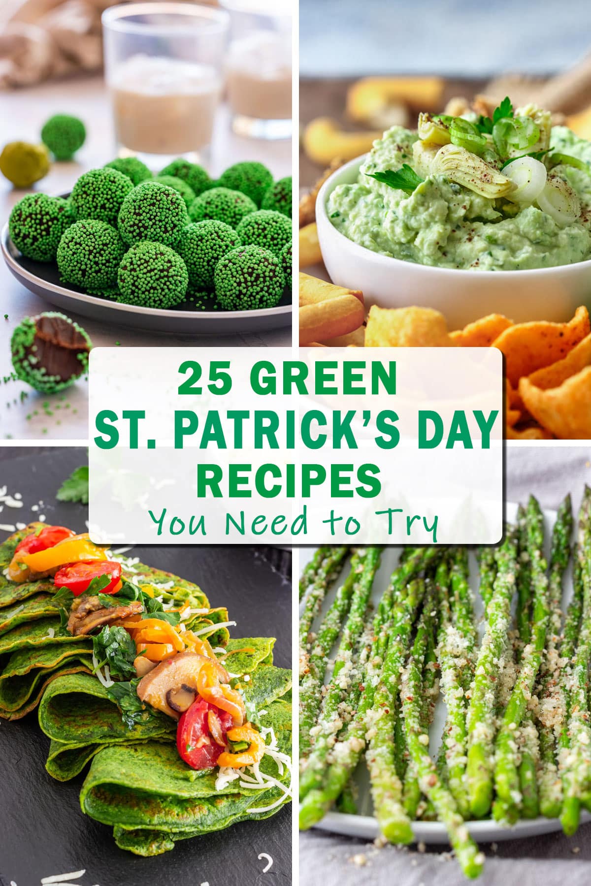 A collage of four green-themed St. Patrick’s Day dishes, including green truffles, avocado dip, spinach crepes and roasted asparagus.