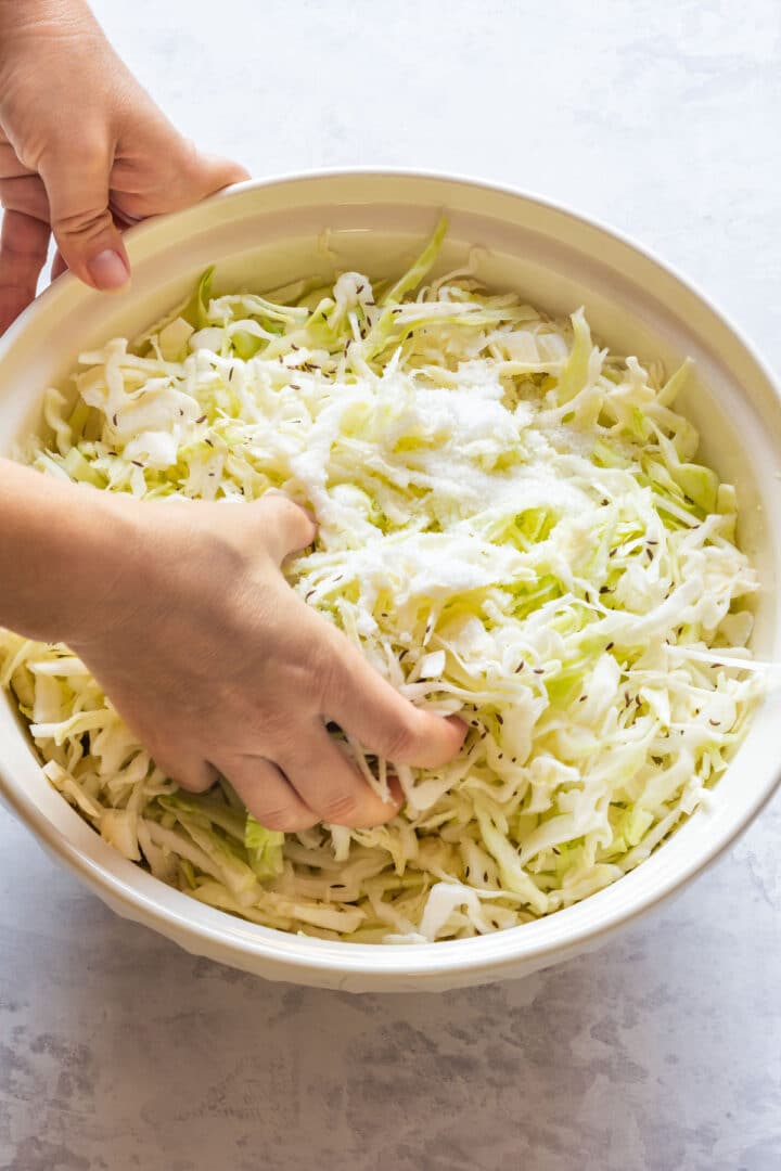 Julia mixing shredded cabbage with salt and caraway seeds in a bowl.