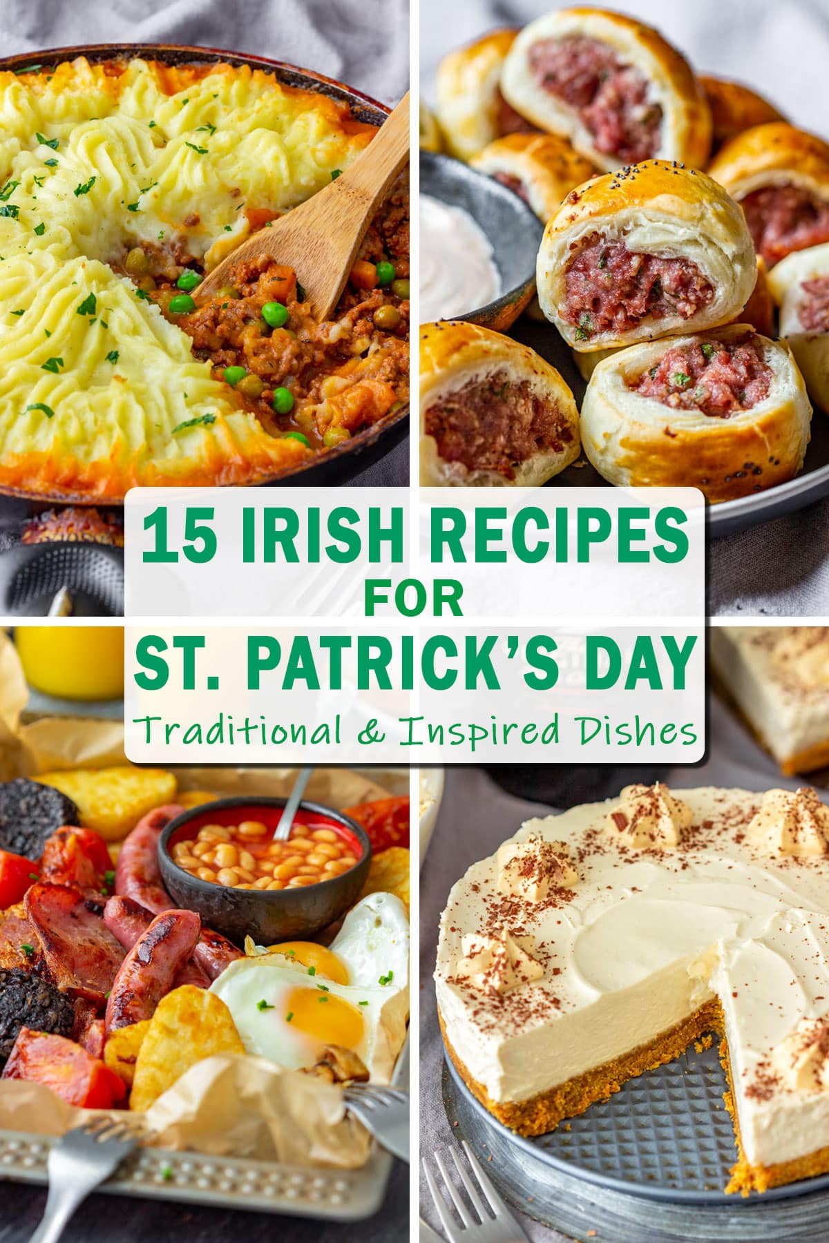 15 Irish recipes for St. Patrick’s Day featuring traditional and inspired dishes. Includes shepherd’s pie, sausage rolls, full Irish breakfast and Irish cream cheesecake.