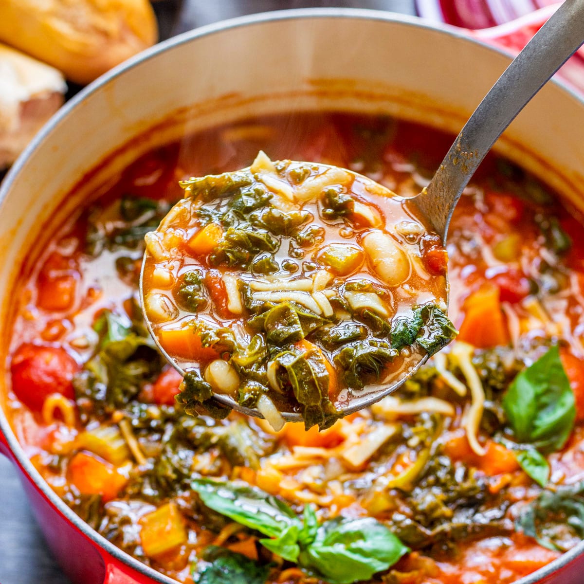 Ladle of hearty minestrone soup with vegetables, beans and greens.