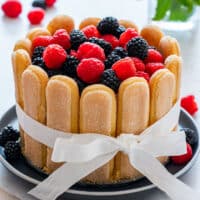Decorated no-bake dessert lined with ladyfingers and topped with fresh berries, finished with a white ribbon and ready to serve.