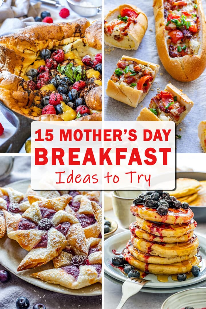 Collage of Mother’s Day breakfast ideas including a berry Dutch baby pancake, baked bread boats with eggs and bacon, puff pastry pinwheels and stacked kefir pancakes.