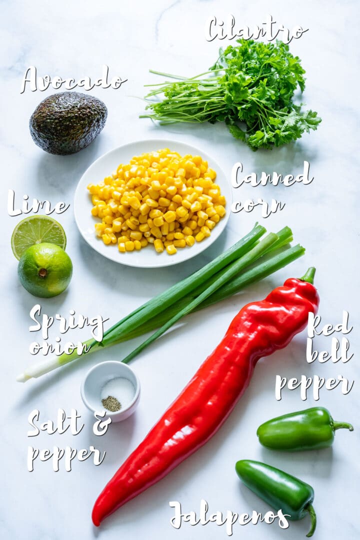Fresh salsa ingredients including canned corn, avocado, spring onion, red bell pepper, jalapeños, cilantro and lime.