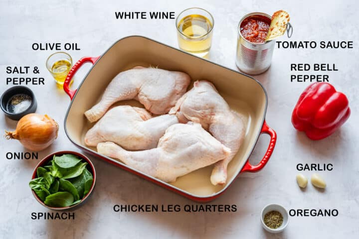Ingredients for tomato sauce chicken: leg quarters, tomato sauce, white wine, bell pepper, onion, spinach.