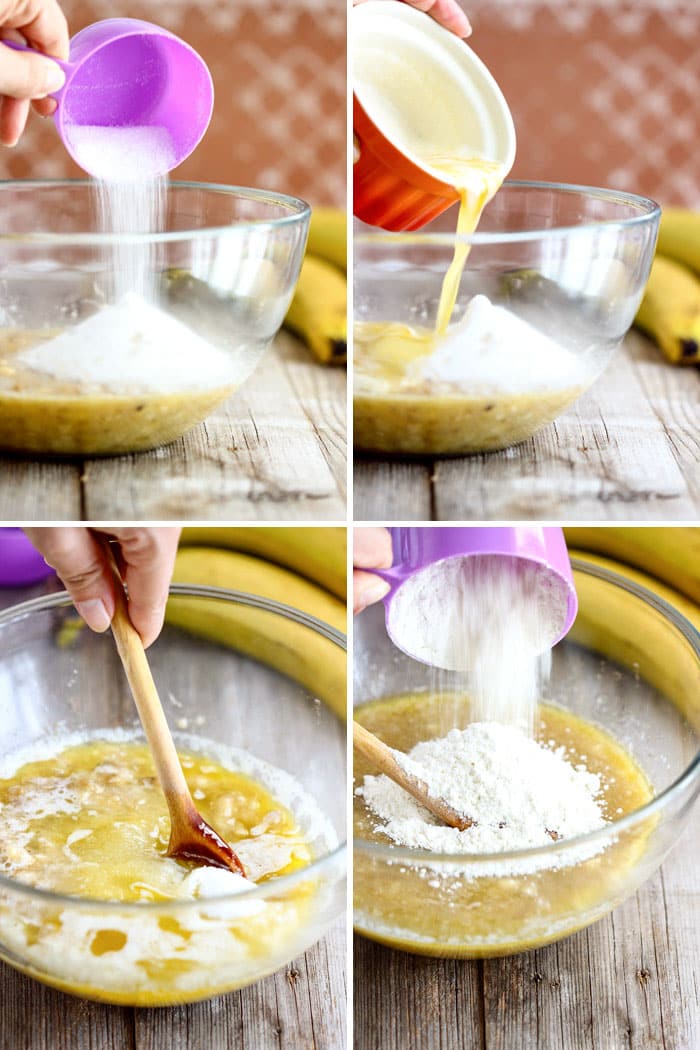 Four-step collage: sugar added to mashed bananas, melted butter poured in, mixture stirred, then flour added.