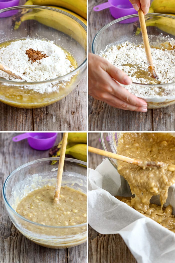 Four-step collage: add cinnamon, stir until combined, show the finished batter, then pour into a parchment-lined loaf pan.