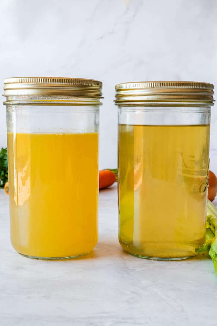 Two jars of vegetable stock showing darker sautéed stock and lighter clear stock.
