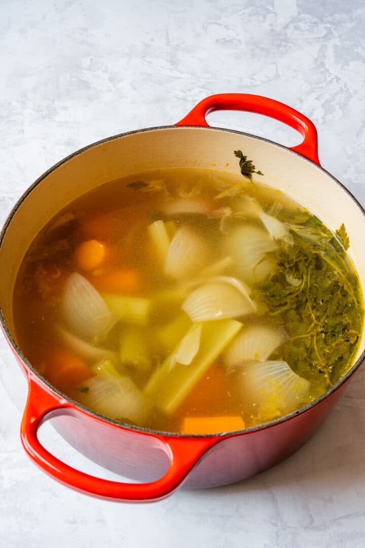 Sautéed stock gently simmering with onions, carrots, celery and parsley.